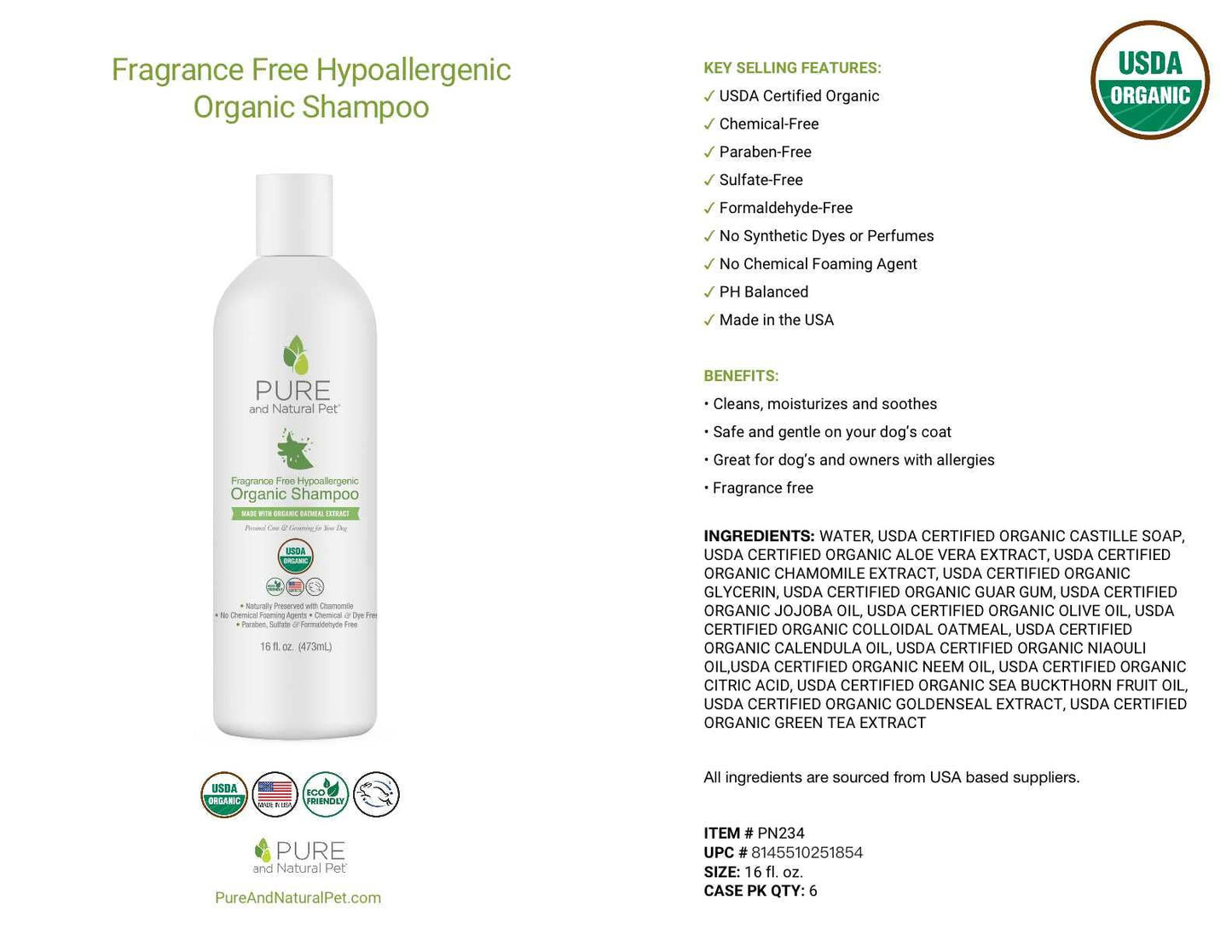 Pure and Natural Pet - Fragrance-Free Hypoallergenic Organic Shampoo for Dogs