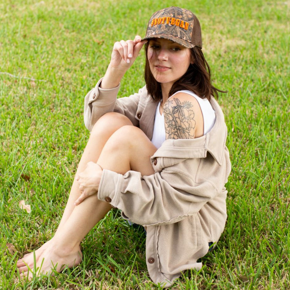 #NOTVEGAN Embroidered Trucker Hat | Blaze & Camo